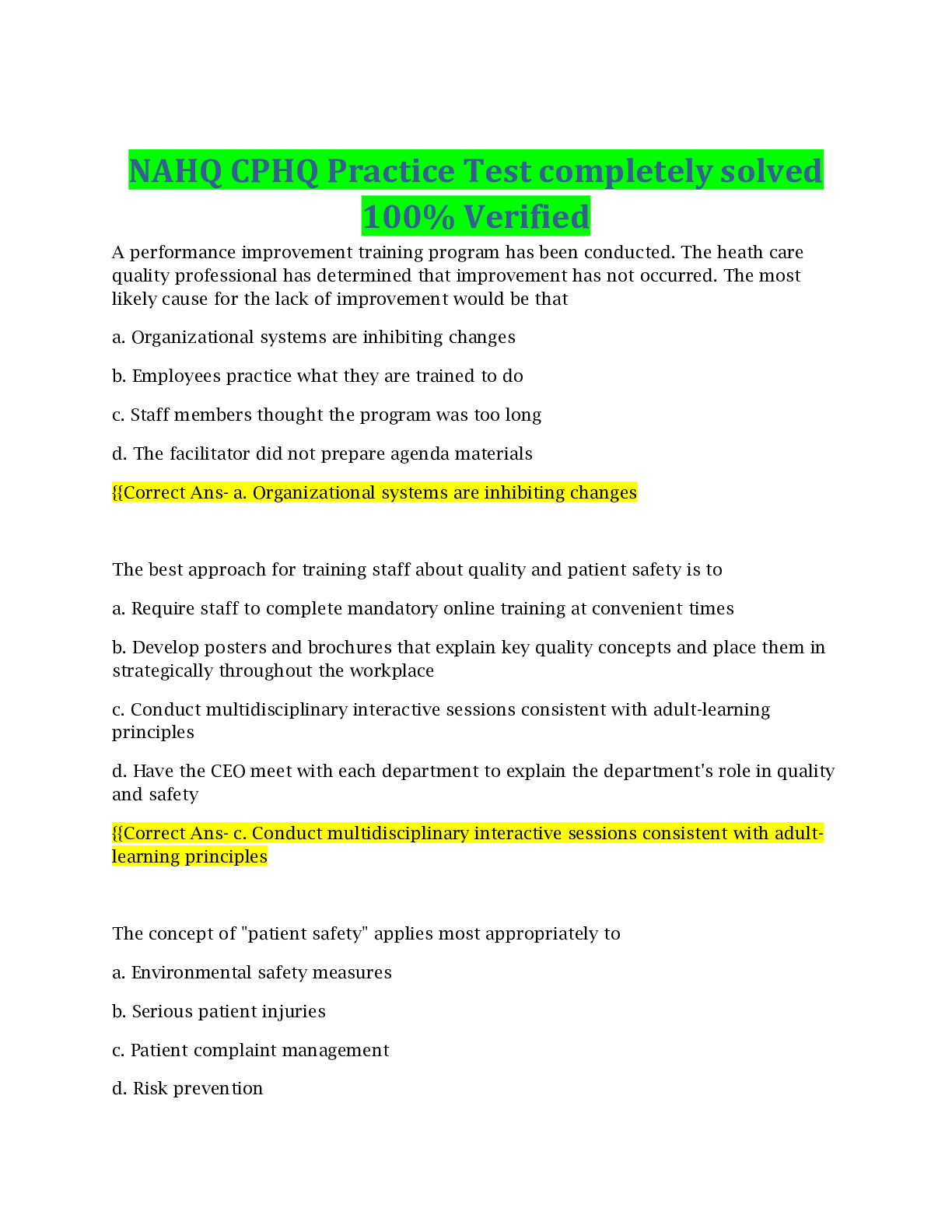 Preview of NAHQ CPHQ Practice Test completely solved 100% Verified